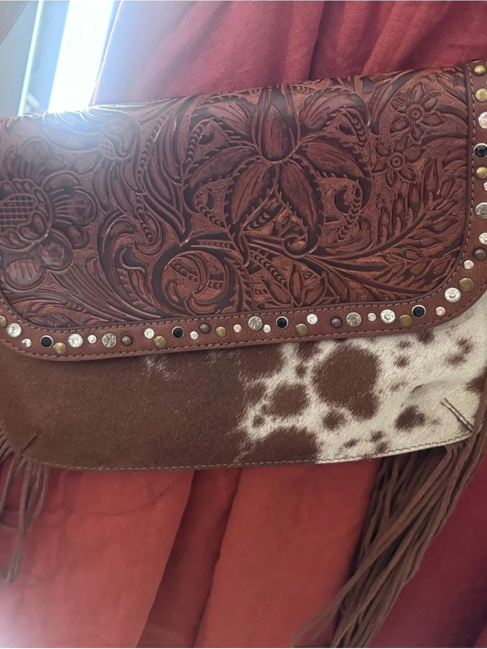 Tooled Leather & Cowhide Fringe Crossbody Bag - Brown